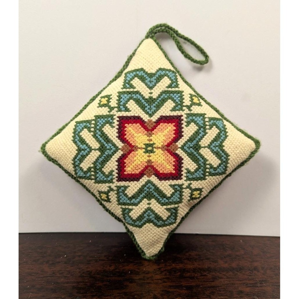 Vintage Needlepoint Pillow Ornament  Floral 5.5" Square Handmade